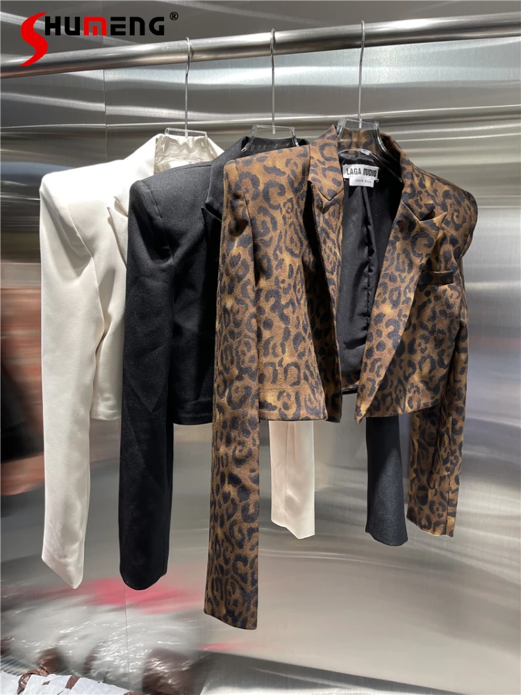

Blazer Feminino Women's Black Suit Jacket 2022 Fall New Fashion Padded Shoulder All-Match Leopard Long Sleeve Short Blazer Coat