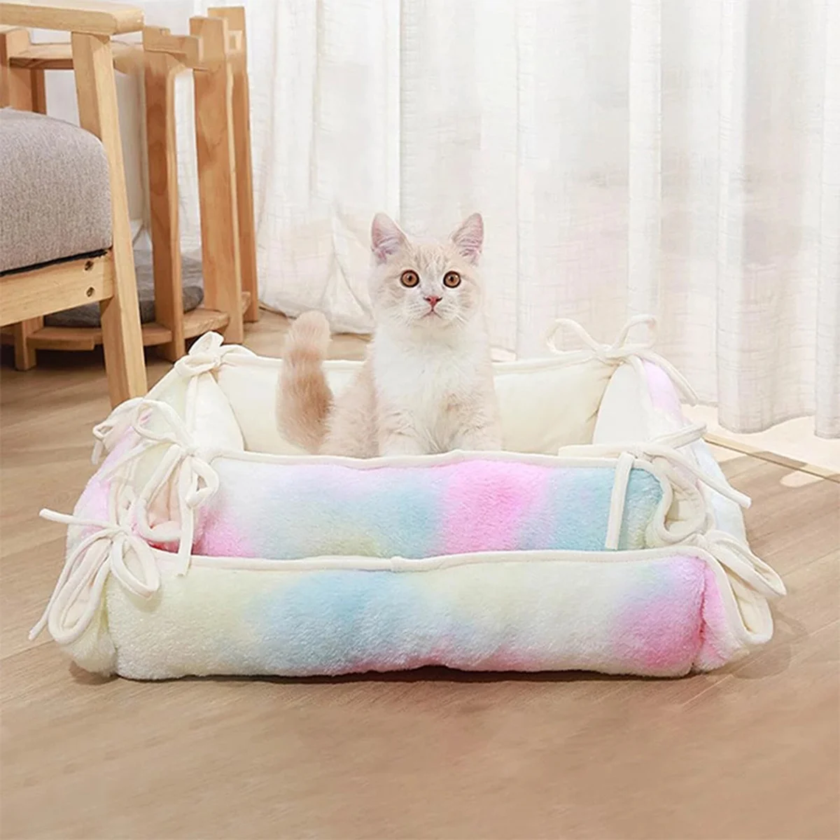 

1PCS Rainbow Pet Bed Plush Winter Comfort Warmth Windproof Can Be Bundled with Square Multifunctional Dog Cat Sleeping Pad