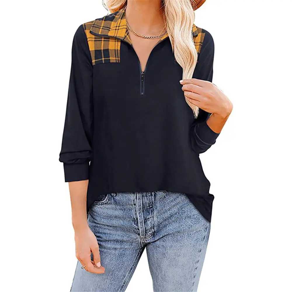 

Women Plaid Zip Neck Tops Long Sleeve T-Shirt Casual Loose Basic Fashion Blouse Autumn Warm Pullover Shirt Lounge Wear Clothes