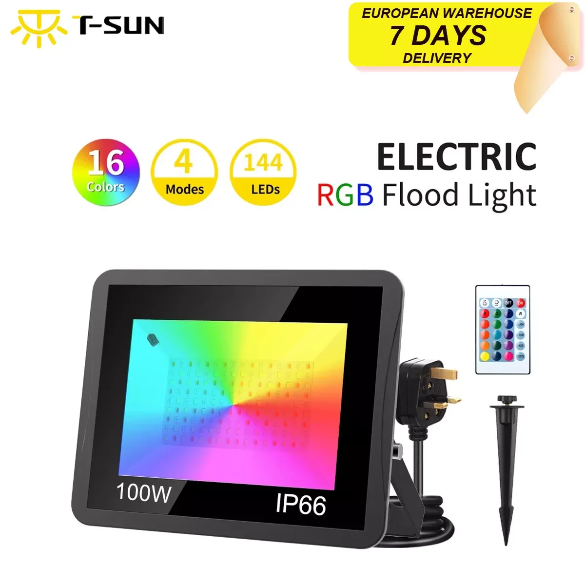 

T-SUN 240V 220V 110V LED Floodlight 50W/100W RGB Flood Light US/EU/UK Plug LED Spotlight Outdoor Color Remote Controller IP66