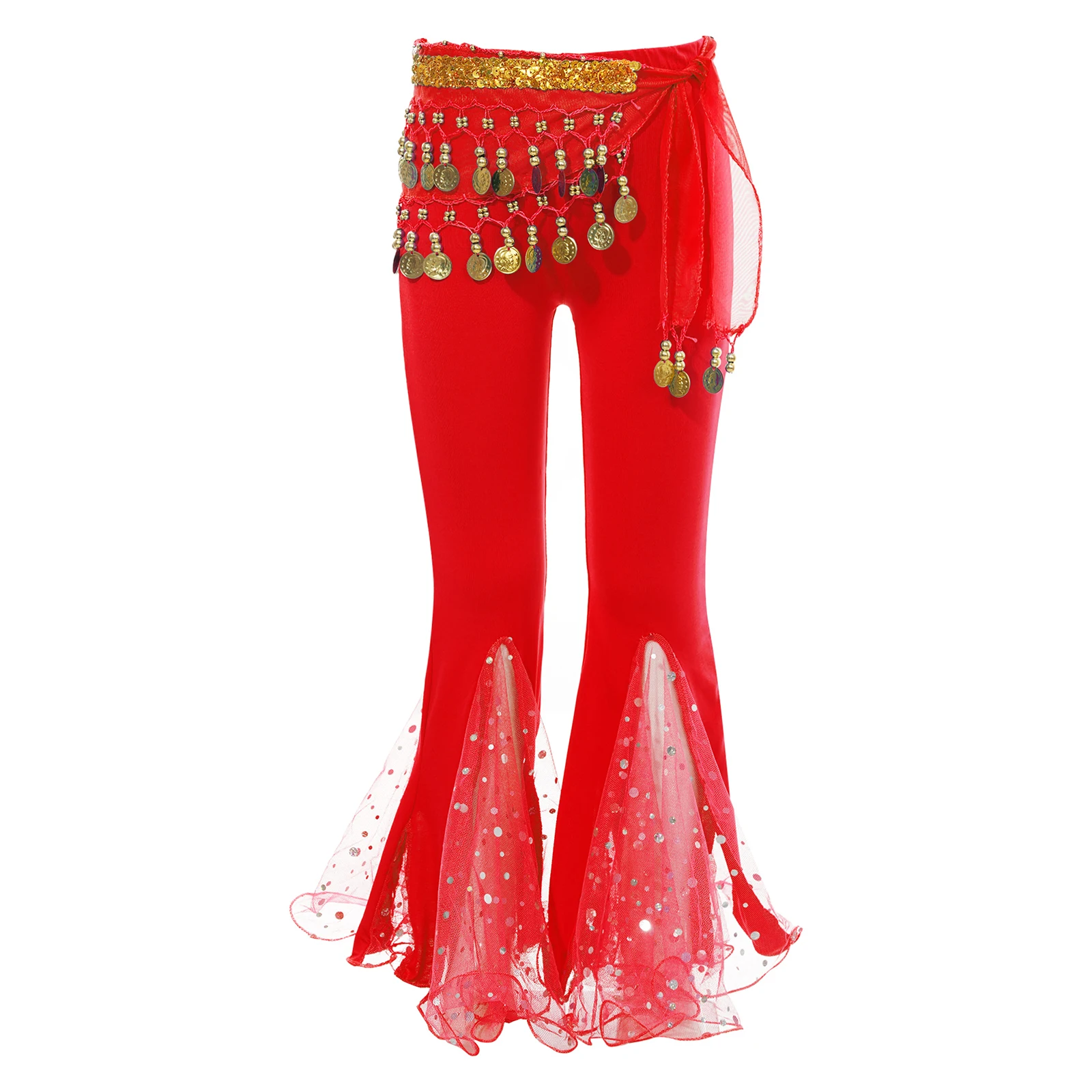 

Toddler Girls Indian Pants Egyptian Dance Costume Kids Sequined Dots Flared Pants with Beads Coins Tassels Waist Chain Hip Scarf