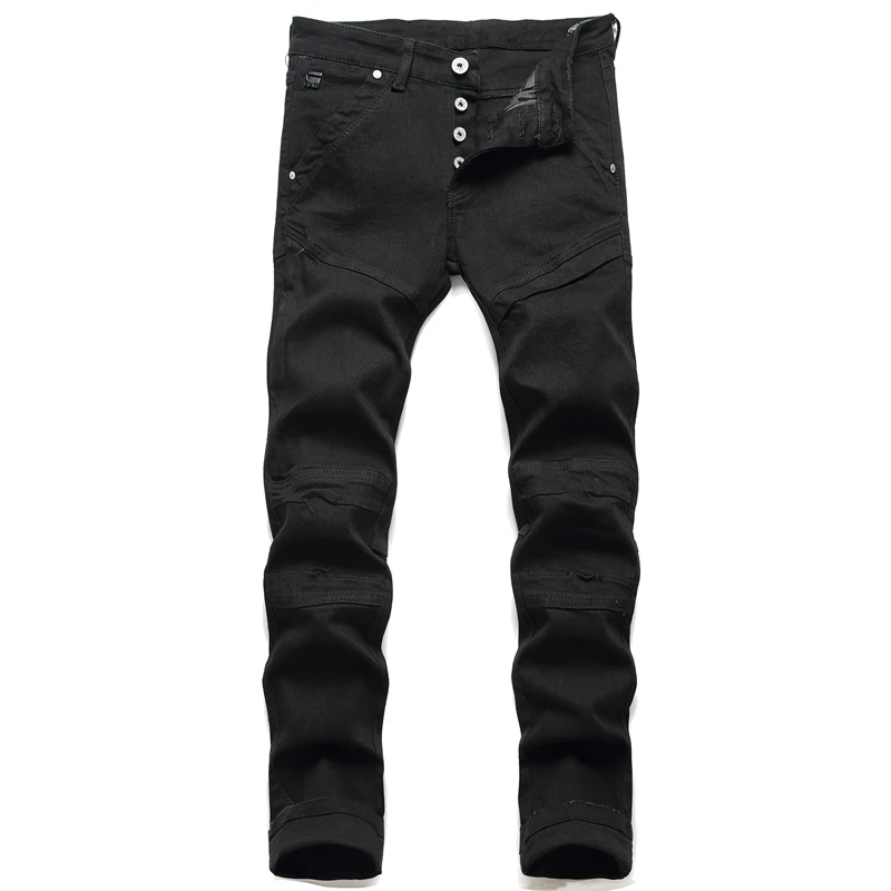 

Men's New Washed Holes Spliced Black Solid Color Trousers Slim Fashion Casual All-Match Small Feet Elastic Men Motorcycle Jeans
