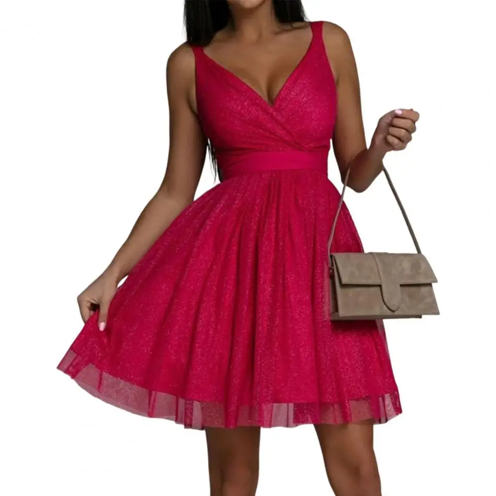 

Женское банкетное платье без рукавов, Сетчатое блестящее летнее платье с широким подолом и глубоким V-образным вырезом для вечерние ринки, с...