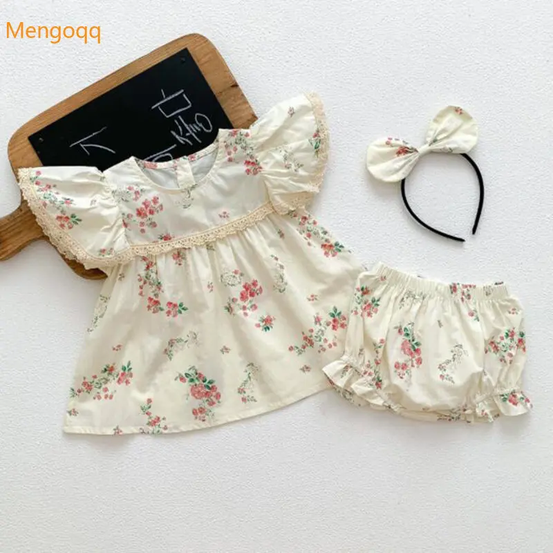 

Mengoqq Summer Newborn Baby Girls Clothing Set Flying Sleeve Cotton Printed T-shirt+PP Shorts Infant Baby Girl Clothes Suit 3pcs