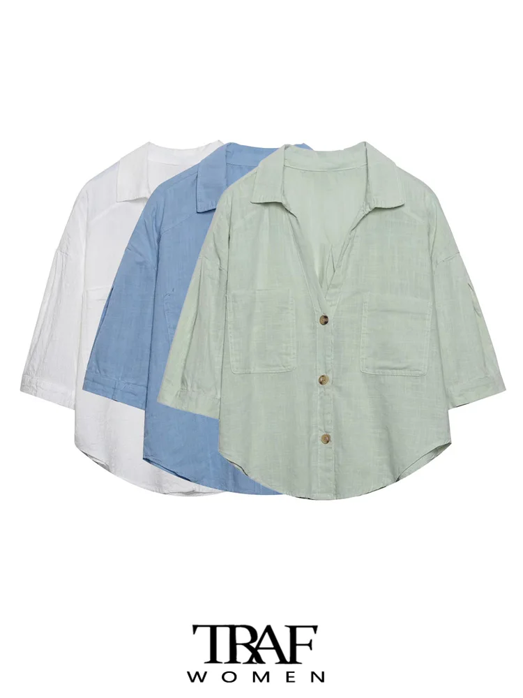 

Блузка женская льняная на пуговицах спереди, с коротким рукавом и карманами