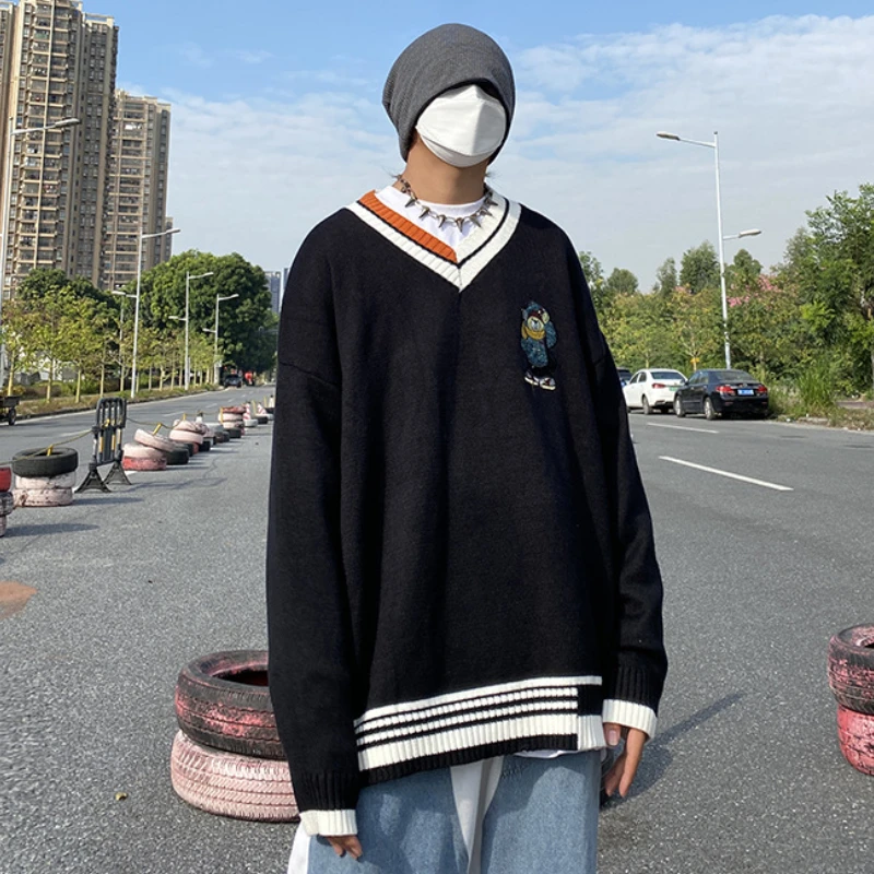 

Трикотажный свободный свитер GTDOM с V-образным вырезом, новинка весны 2022, повседневные свободные мужские модные свитера в стиле хип-хоп с длин...