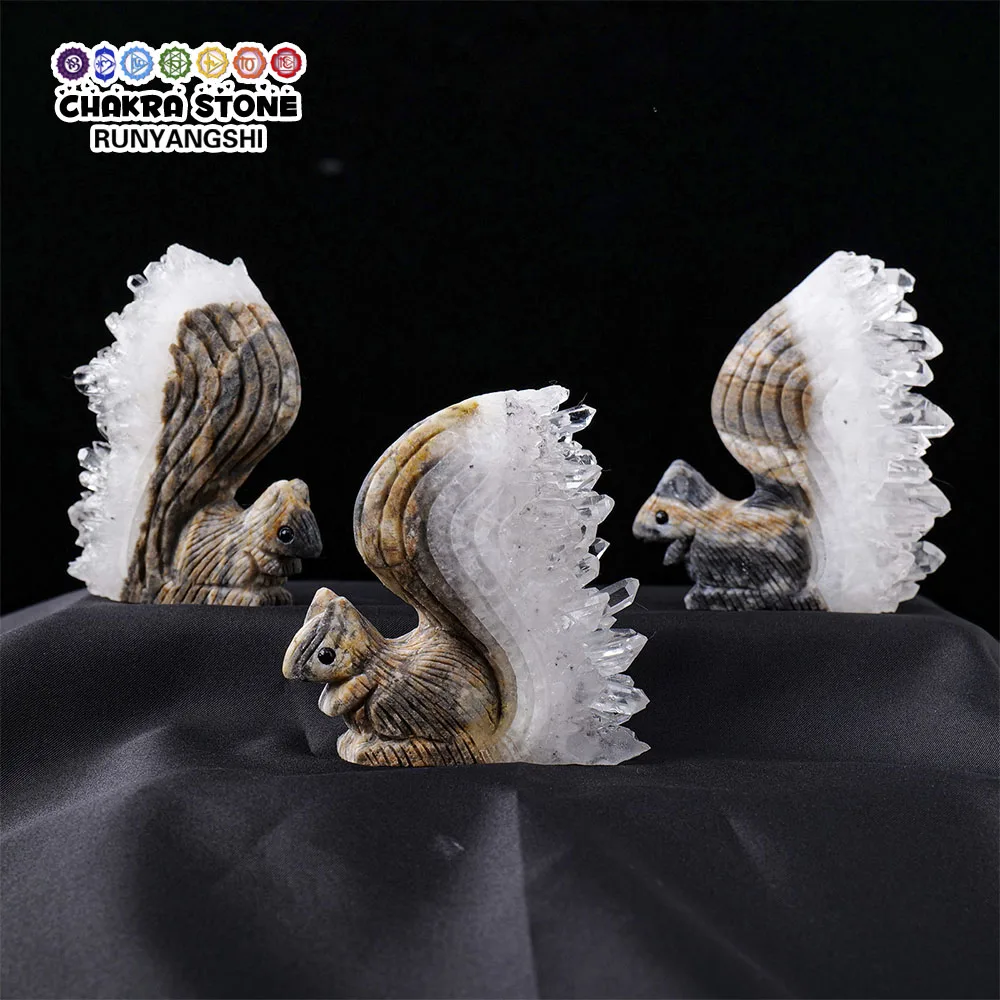 

Natural Gemstone Clear Quartz Cluster Hand Carving squirrel Craft Home Desk Decoration Ornament Reiki Gift Healing