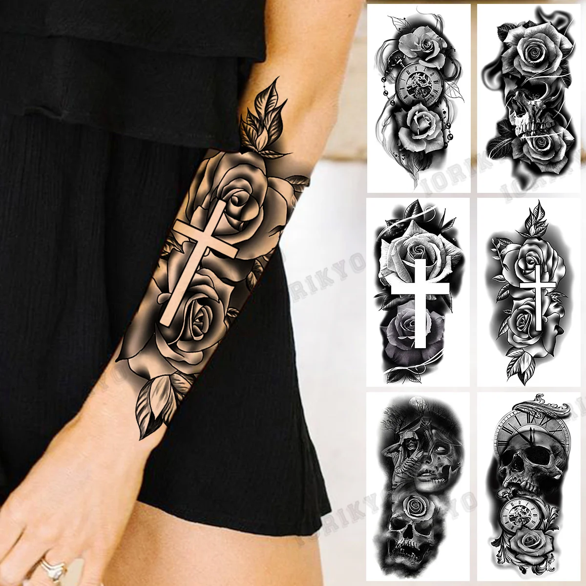 

Black Rose Flower Cross Arm Temporary Tattoos For Women Adult Girl Skull Compass Fake Tattoobody Art Water Transfer Tatoos Decal