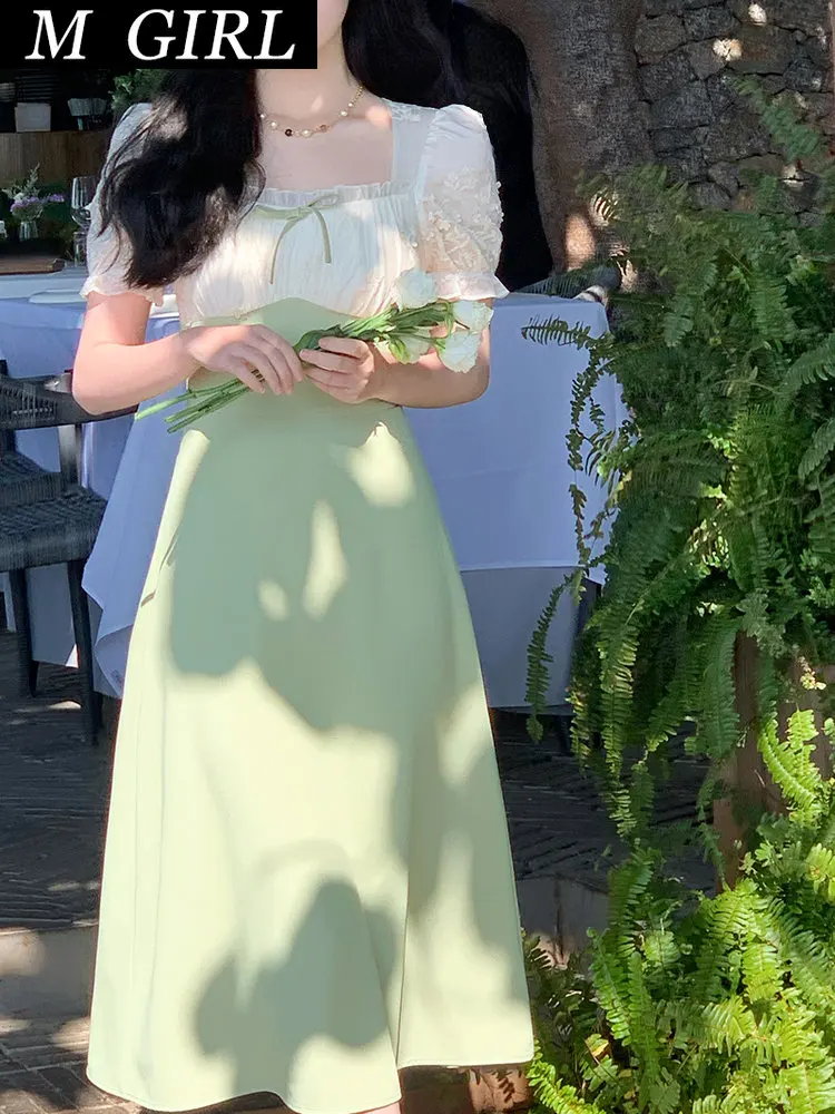 

Dresses For Women 2023 French Design Elegant Midi Dress Women Basic Short Sleeve Party Dress Fairy Casual One Piece Dress Korean