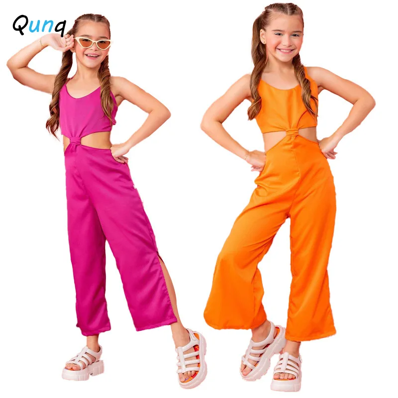 

Qunq 2023 Summer INS New Girls Solid Sleeveless Backless Fashion Slit Straight Jumpsuit Sweet Casual Children Clothes Age 3T-8T
