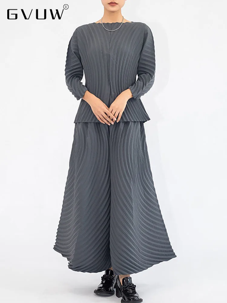 

GVUW Pleated Pants Set Women Solid Color Long Sleeve O-neck Top Wide Leg Trouser Thin 2022 Summer Female Luxury Clothing 17D1602