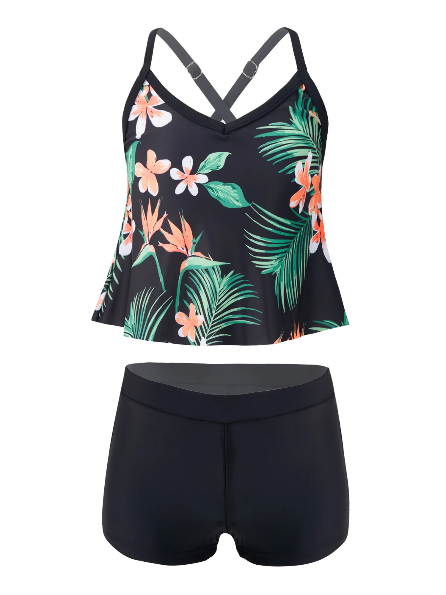 

Kids Girls Fashion Two-Piece Swimsuit Athletic Workout Outfits Floral Print V Neck Sleeveless Camisole with Shorts summer beach