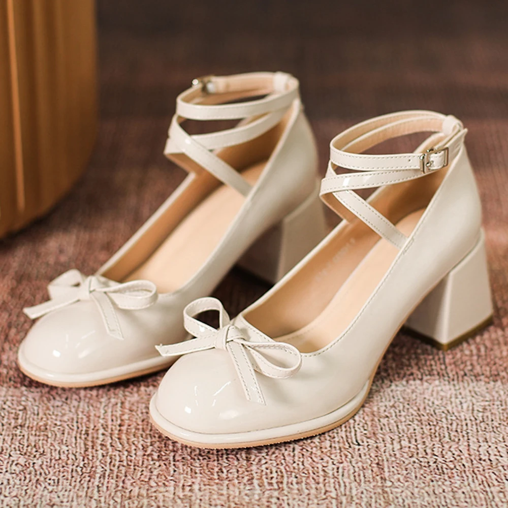 

Patent Leather Mary Jane Shoes for Women Round Head Med Heels Pumps Woman Solid Color Cross Belt Bow-knot Ladies Shoes cx624