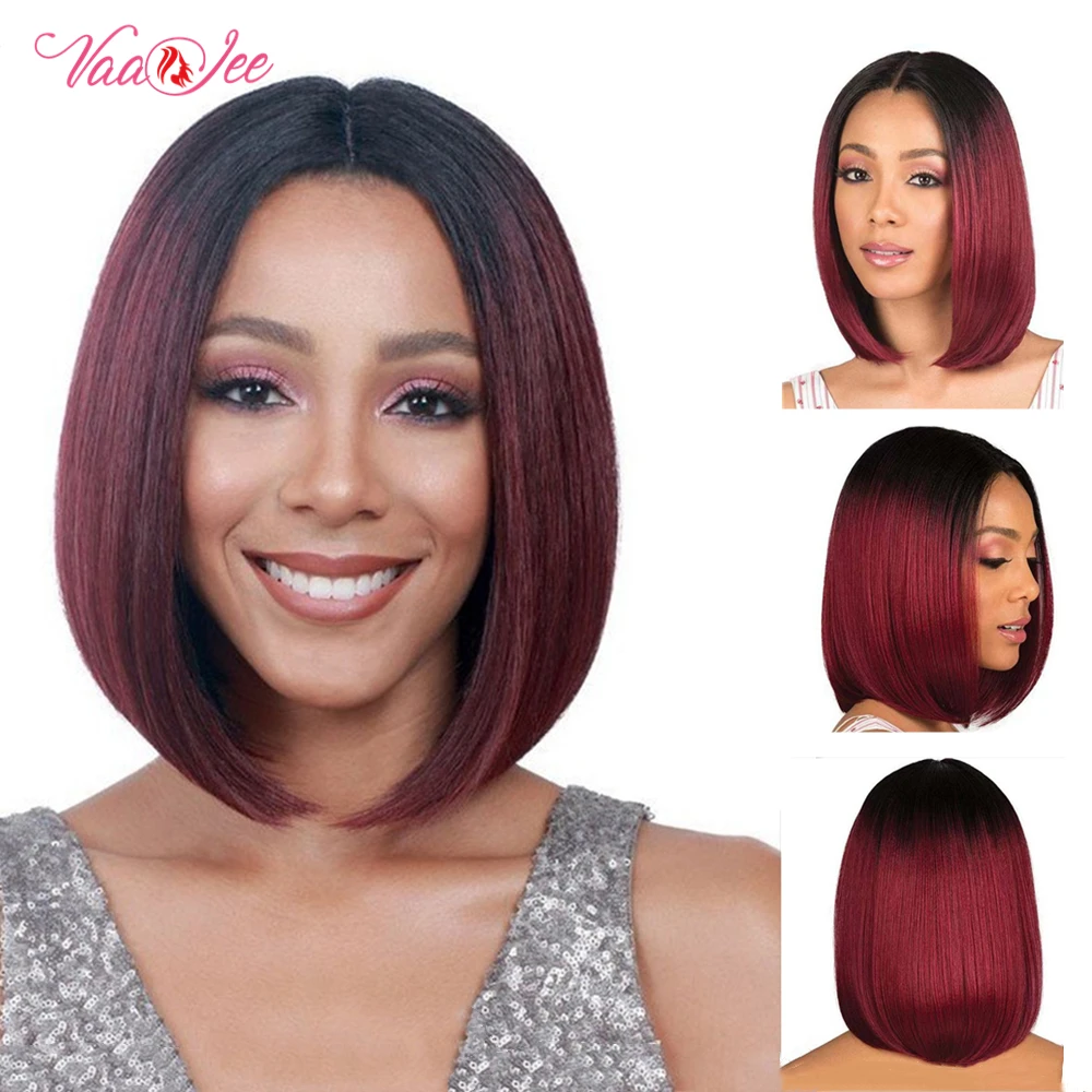 

VaaJee Omber Short Bob Wigs For Women Wine Colored Heat Friendly Synthetic Wig For Daily Wear Brazilian Middle Part Straight Wig