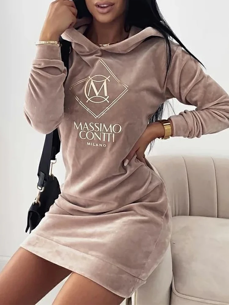 

Dress For Women 2022 Autumn Casual Letter Embroidery Velvet Hooded Sweatshirt Dress Vestidos De Mujer Elegant Boho Mini Robe Fem