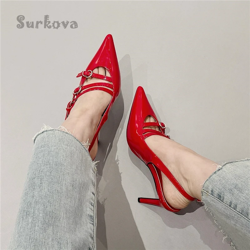 French Patent Leather Pumps Women's Pointed Toe Metal Buckle Belt Sandals 2023 Summer Thin High Heels Solid Color Women's Shoes