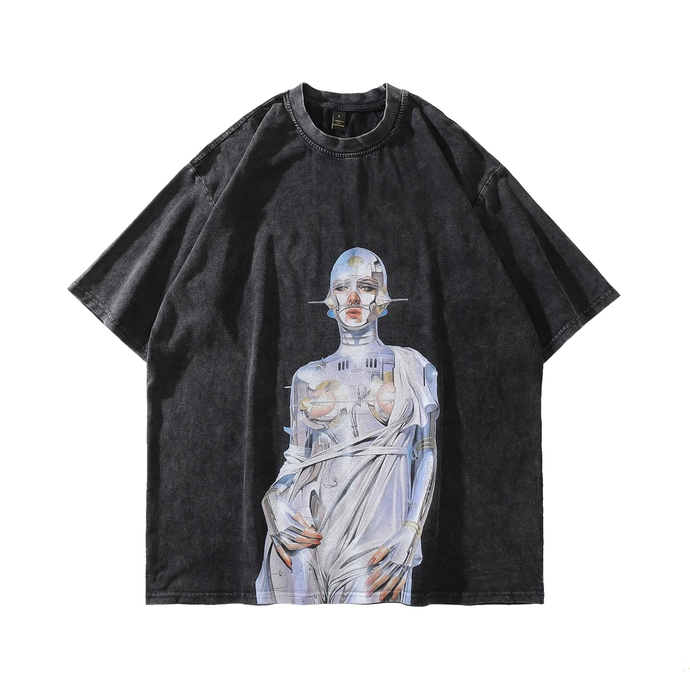

Vintage Tshirt Men Streetwear Hip Hop Portrait Robot Graphics Print Distressed T-Shirt 2022 Harajuku Summer Cotton Washed Tshirt