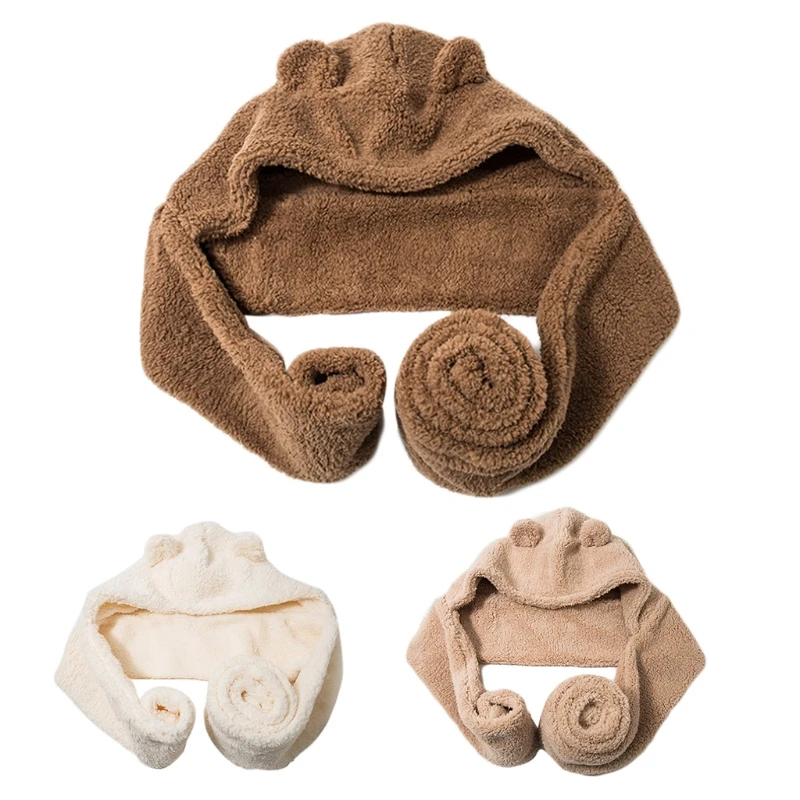 

Korean Women Student Winter 2 In 1 Hooded Long Scarf Beanie Hat Cute Bear Ears Thicken Fluffy Plush Earflap Thermal Neck