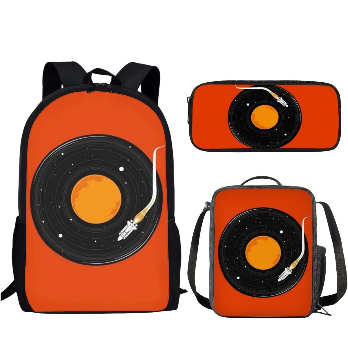 Fashion Vinyl Record Pattern School Bag for School Students Backpack 3Pcs/Set Lunch Bag Pencil Case Boys Leisure Knapsack