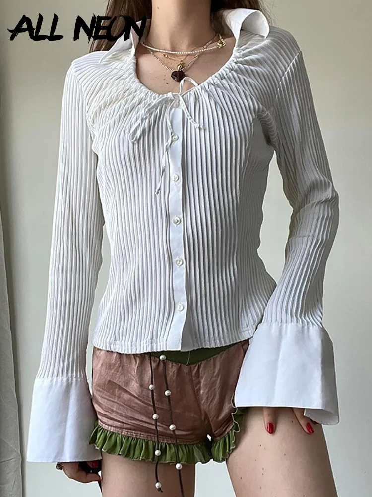 

ALLNeon Y2K Fairycore Aesthetic Drawstring V-neck White Shirts Autumn Women 90s Vintage Accordion Pleated Flare Sleeve Tops Slim