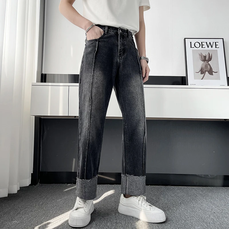 EOENKKY/large flanging Men's Jeans Pants Casual Vintage Baggy Clothing Straight Leg Trousers Korean Fashion Man Oversize Pants