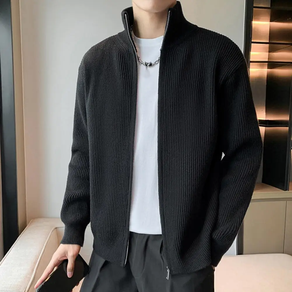 Базовый мужской свитер стильный на молнии пальто с воротником-стойкой вязаный