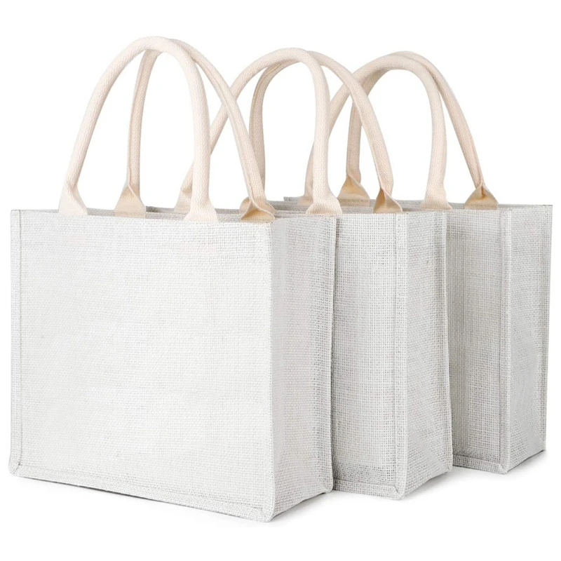 

3Pcs White Burlap Tote,Jute Tote Bags With Handles & Laminated Interior,Wedding Bridesmaid Gift Bag,Reusable Grocery Bag