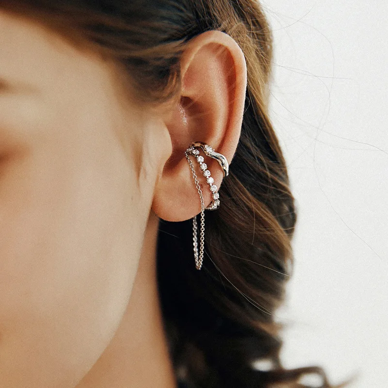 Korean Fashion Silver Color Goth C-Shaped Earcuff Tassel Chain Ear Cuff Fake Piercing Faux Earrings for Women Girls Jewelry