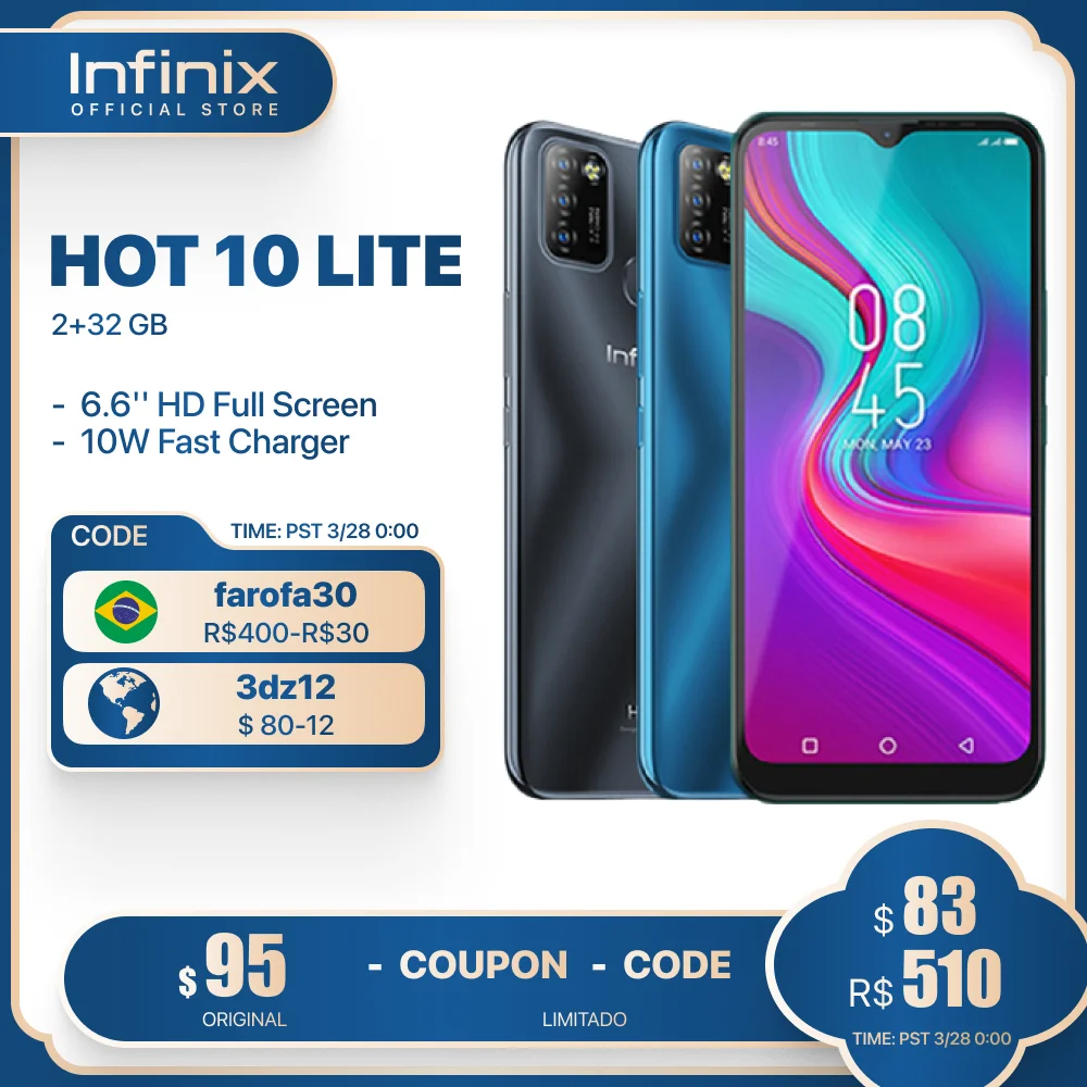 

100% Original Infinix HOT 10 LITE Global Version smart phone 6.6 inch Helio A20 2GB 32GB Face unlock 13MP Triple Camera