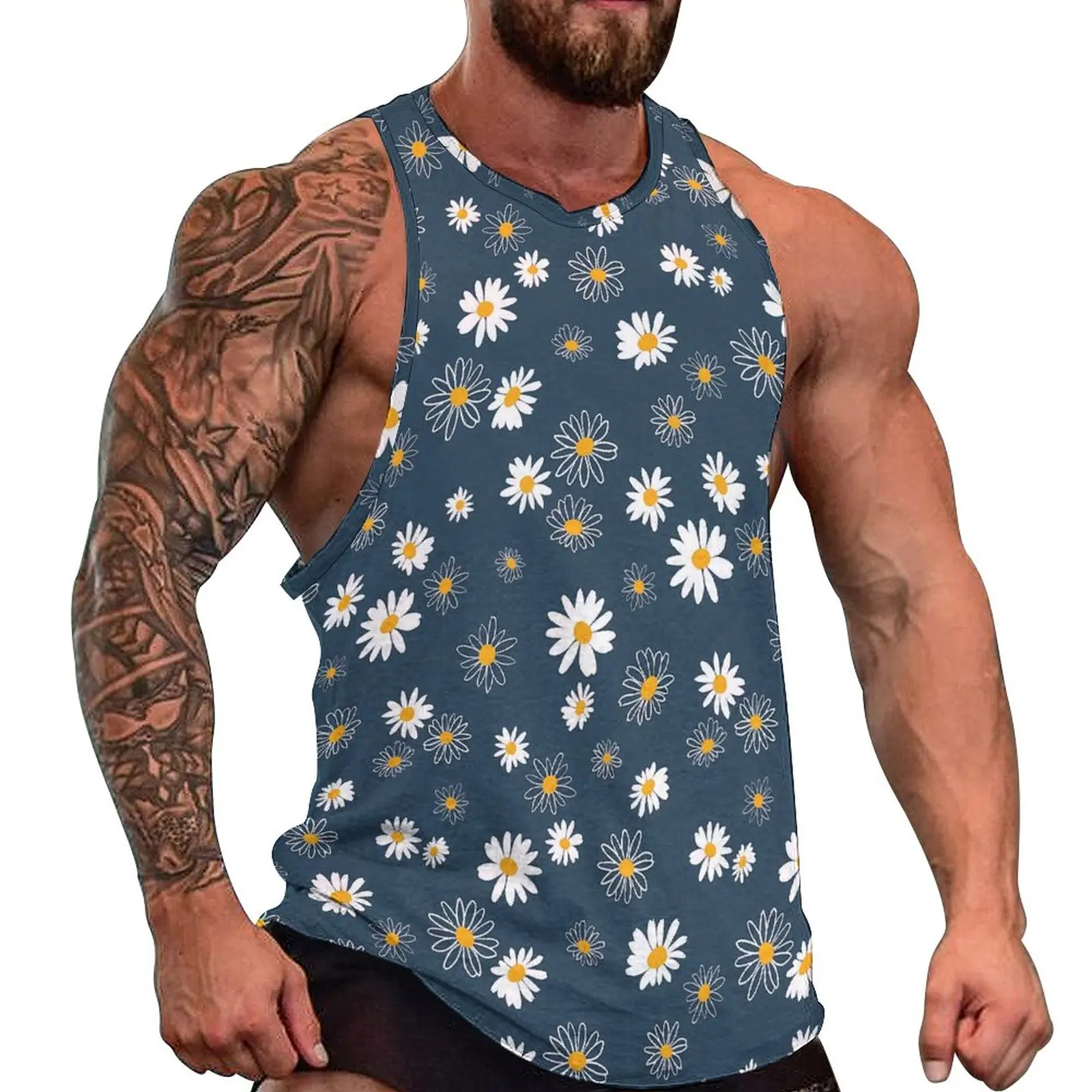 

White Daisy Print Tank Top Males Showy Flowers Gym Oversized Tops Summer Streetwear Graphic Sleeveless Shirts