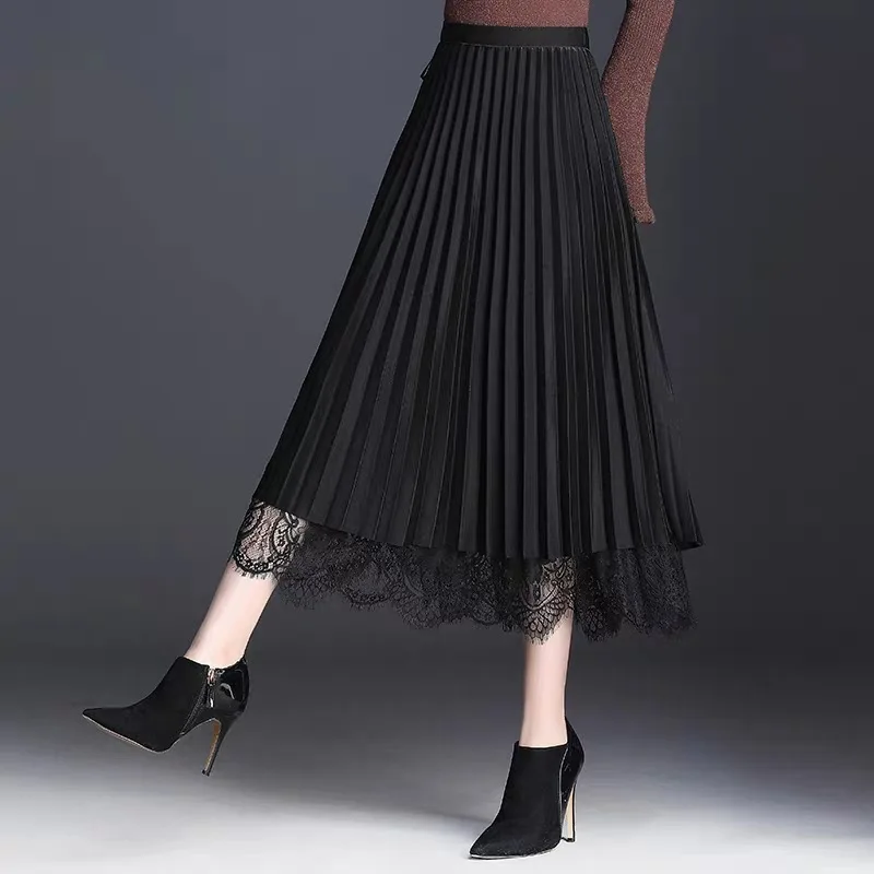 

Женские юбки, осенняя Двусторонняя кружевная плиссированная юбка на зиму, повседневные свободные винтажные элегантные длинные юбки с высо...