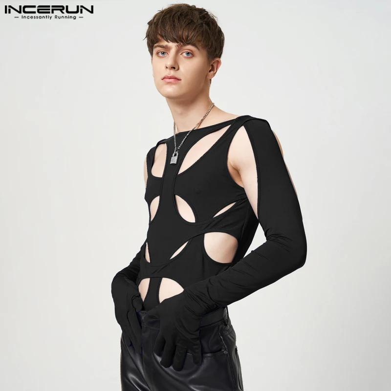 Comfortable Homewear New Men's Hollow Structural Splicing Jumpsuit Fashion Layered Interlaced Triangular Thimble Bodysuits S-5XL