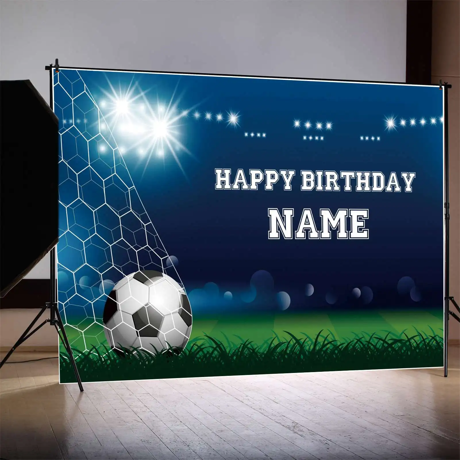 

MOON.QG Backdrop Customized Happy Birthday Blue and Green Football Soccer Field Background Children Party Decoration Photo Booth