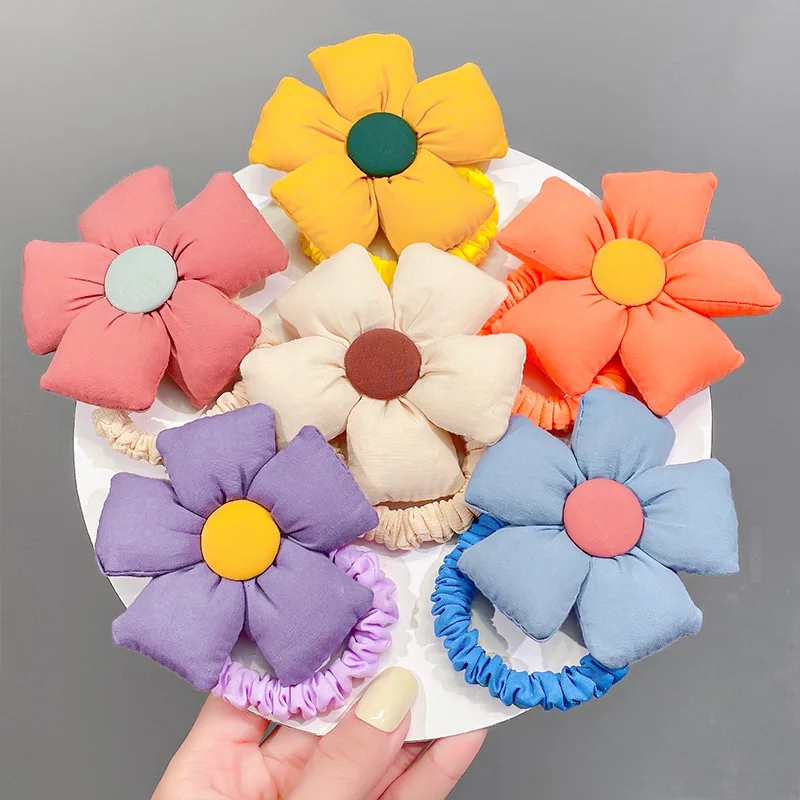 

2022 New Big Flower Elastic Hair Bands Ponytail Holder Girls Solid Floral Hair Scrunchies Headwear Kids Hair Accessories