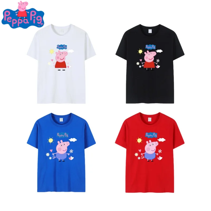 

Peppa Pig animation peripheral kawaii cute cartoon page George pig short-sleeved T-shirt creative parent-child outfit wholesale