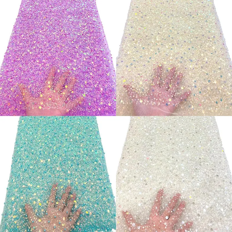 

Luxury Handmade Beaded French Lace Fabric Embroidery African Sequins Lace Fabrics with Beads Mesh for Wedding