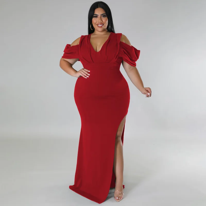 Plus Size Women Party Dress Split V Neck Evening Robe Female Luxury Designer Cloth 2023 Summer Evening Birthday Long Dress
