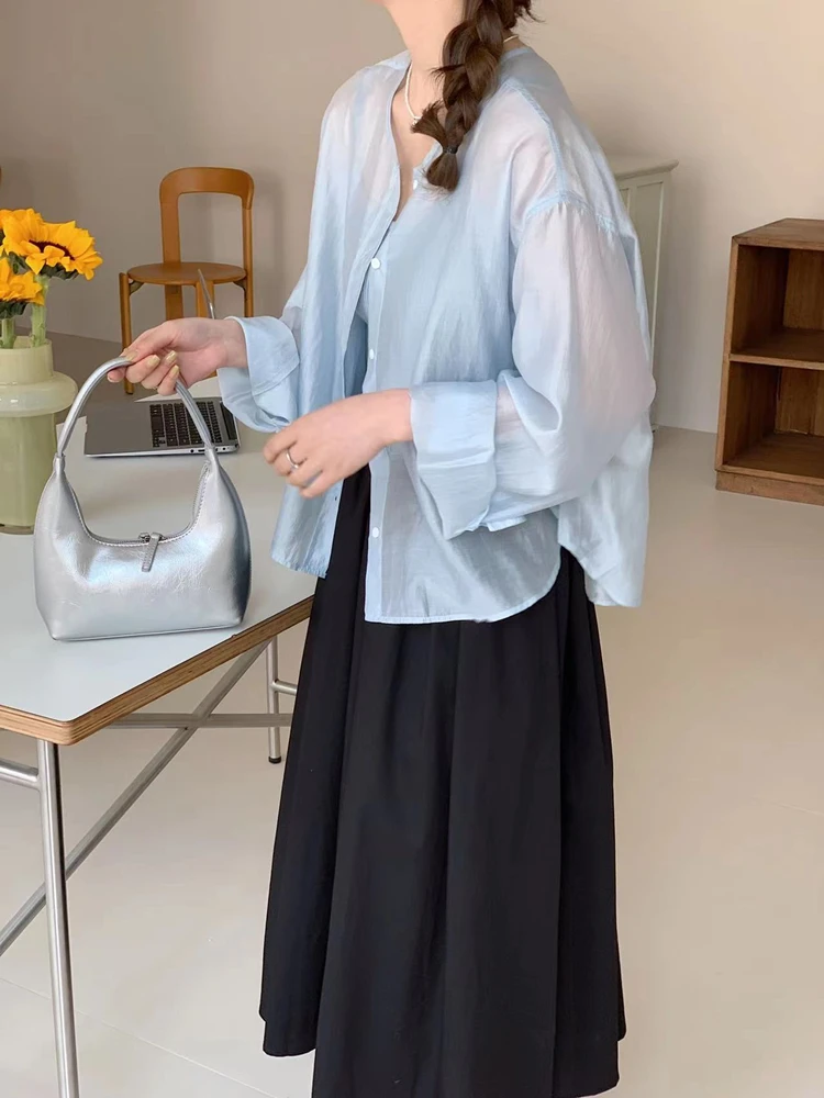 

Женская рубашка с круглым вырезом и длинным рукавом, однотонный простой короткий кардиган, Корейская Повседневная Солнцезащитная рубашка, летнее Свободное пальто, Пляжная рубашка, Женская