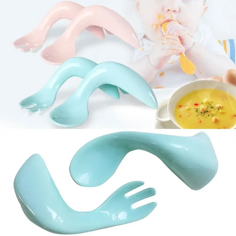 

1 Set Children Training Helper Plastic Curve Spoon Fork Set Kid Tableware Flatware Kit Home Supplies