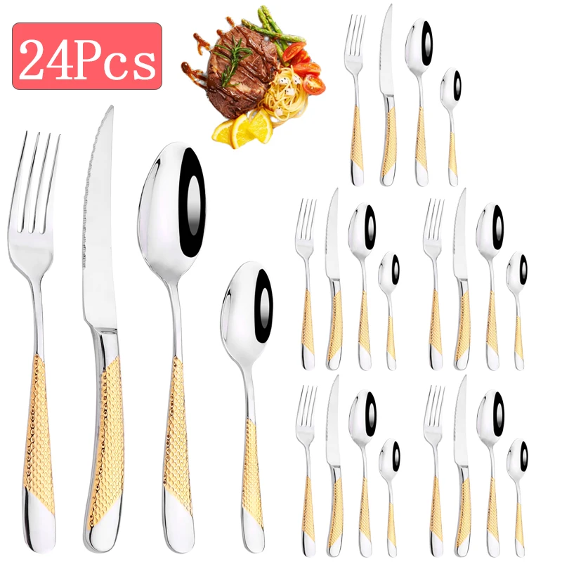 

24pcs Gold Dinnerware Set Home Tableware Cutlery Set Stainless Steel Spoon Fork Knife Dinner Set Tableware Eco Friendly Flatware