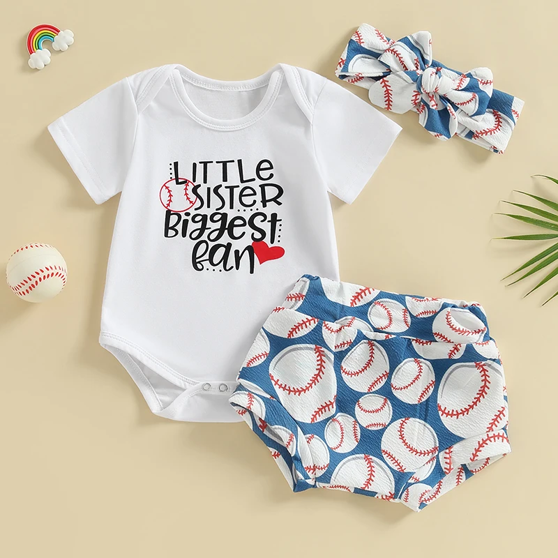 

Комплекты летней одежды для новорожденных девочек, белые комбинезоны с коротким рукавом и буквенным принтом + Бейсбольные шорты с принтом + повязка на голову, повседневная одежда