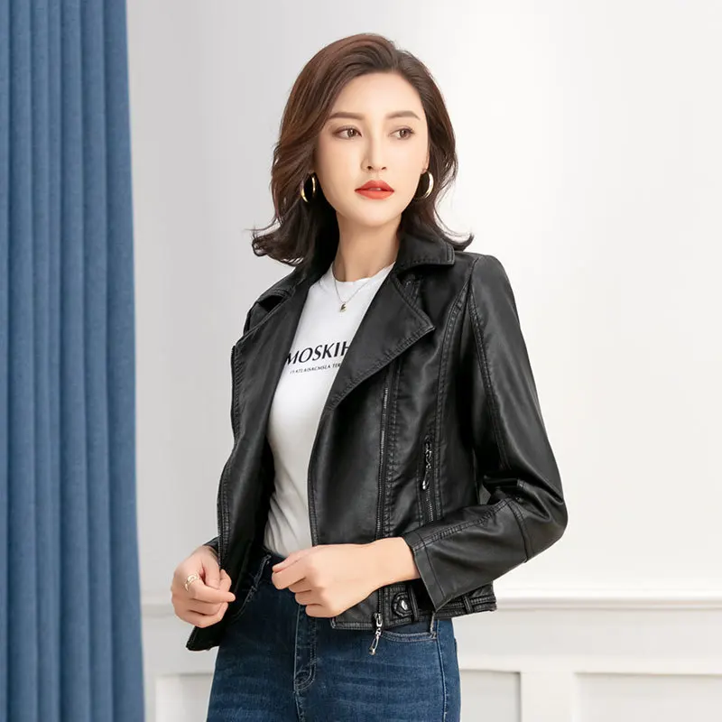 Basic Leather Top  Ladies Motorcycle Leather Jacket Spring  Autumn Thin Women's Leather Lapel Zipper Slim Korean Coat