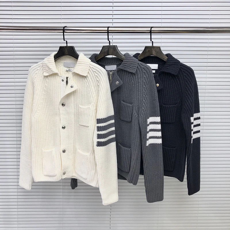 TB THOM Sweater Men Turn Down Collar Cardigans Clothing Striped Wool Slim Zipper Thick Winter Casual  Luxury Brand SweaterCoat