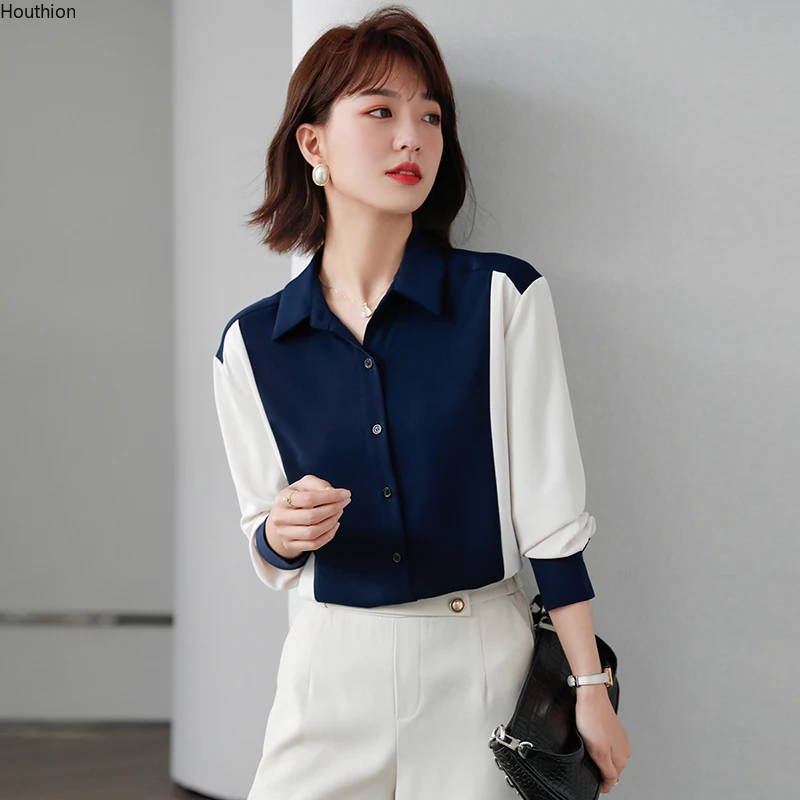 

Chiffon Loose Women's Shirts New Fashion Blouses Splicing Polo Collar Spring Casual Long Sleeve Blusas