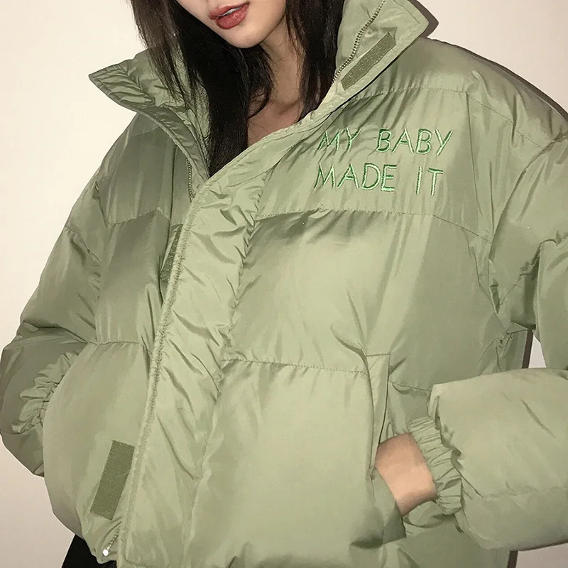 Fashion 2021 Street Style Winter Women's New Long-sleeved Cardigan Zipper Cropped Embroidered Warm Stand-up Collar Cotton Jacket