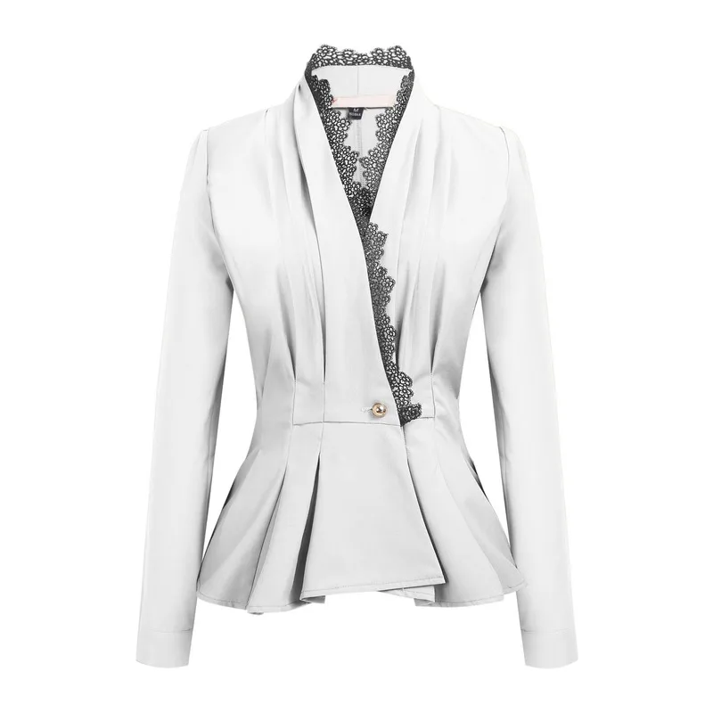 V Neck Blazer Suit Women Fashion Lace Solid Colors Single Button Slim Body Office Blazer Casual Commute Suit 2021 Spring Autumn