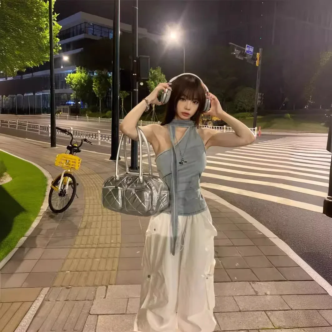 Vintage Women's Denim Cargo Pants 2-Piece Set Summer 2024 Casual Crossbody Strapless Top Shorts Fashion Outfit |