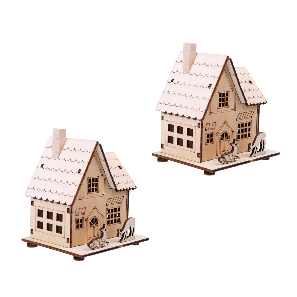 

2pcs Christmas Themed Wooden House Decors Luminous Wood House Festival Decors