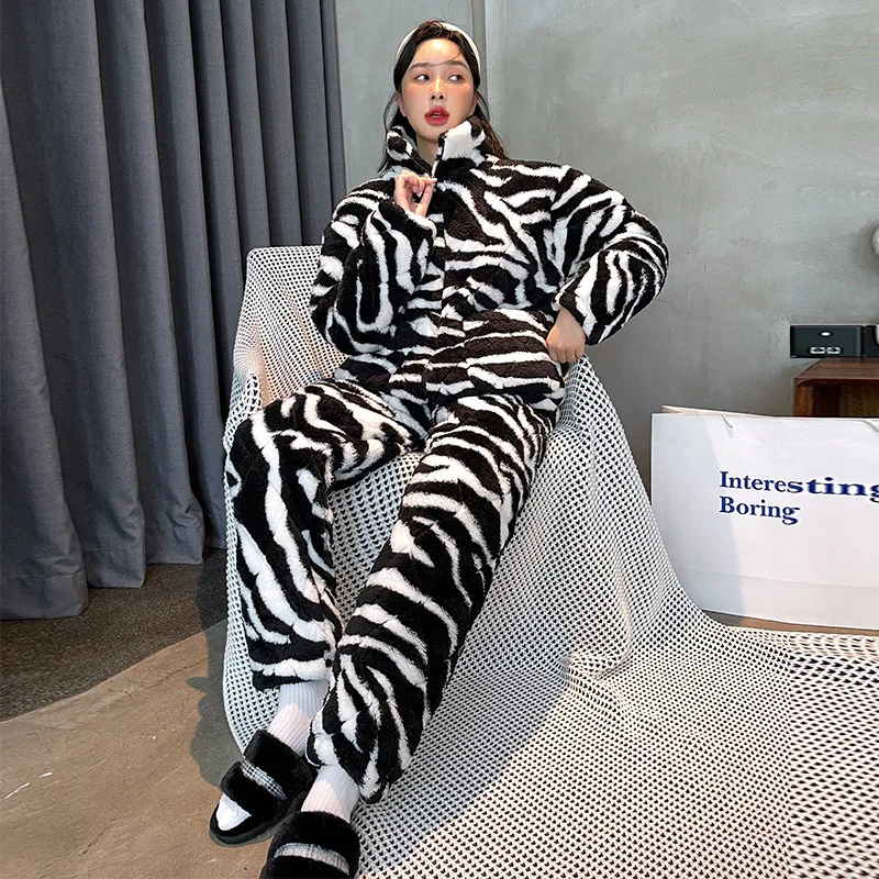 Women Casual Long Sleeve Pyjama Fleece Sleepwear Warm Winter Thick Flannel Zebra Print Pajama Set