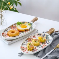 butterfly series high temperature matte glazed acacia wood handle oval plate steak plate western food plate ceramic plate
